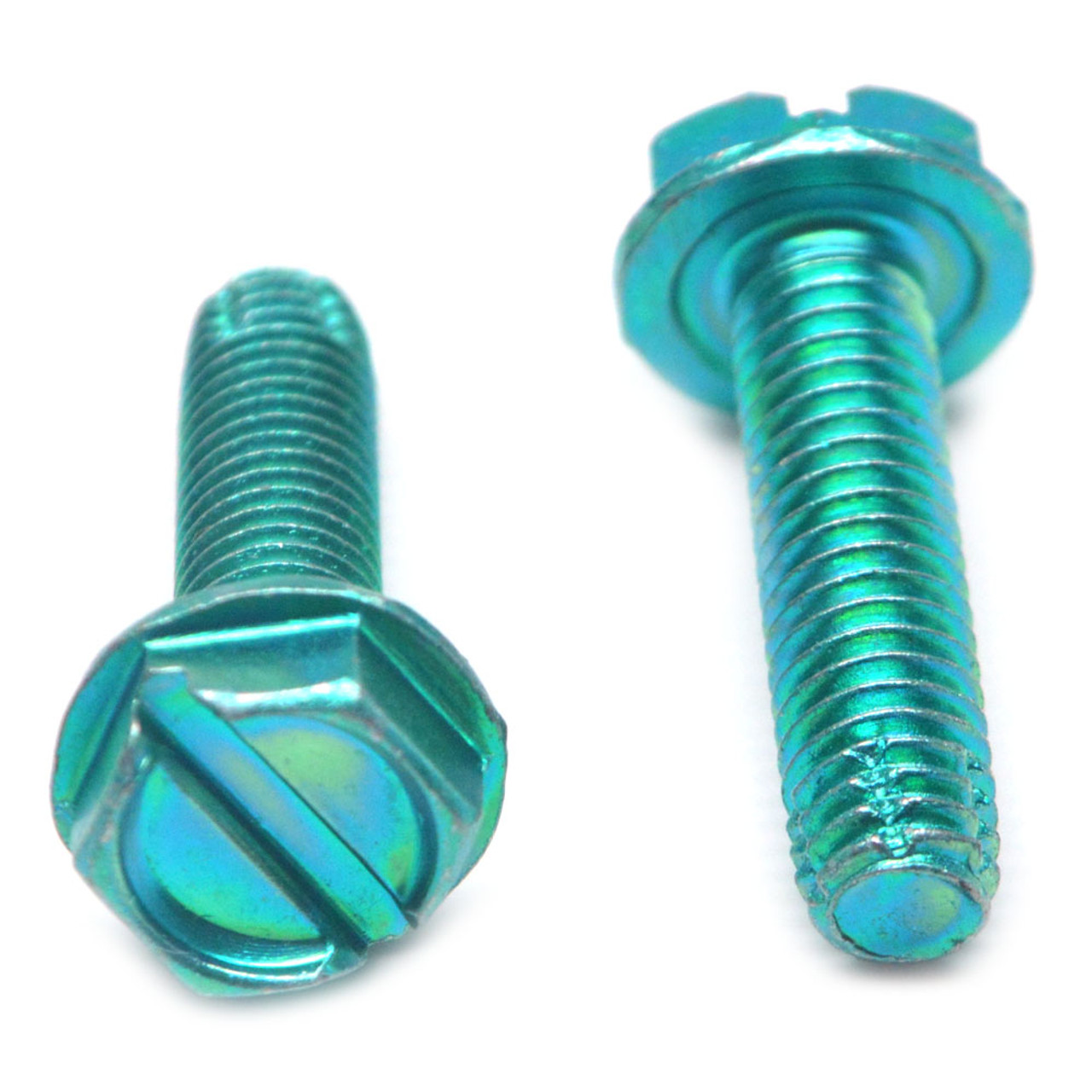 #10-32 x 3/4" (FT) Fine Thread Thread Cutting Screw Slotted Hex Washer Head Type F Low Carbon Steel Green Zinc Plated