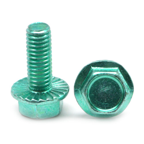 #8-32 x 1/2" (FT) Coarse Thread Hex Flange Screw with Serration Case Hardened Low Carbon Steel Green Zinc Plated