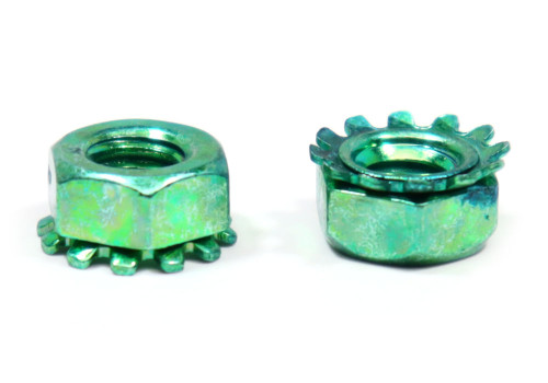 #8-32 Coarse Thread KEPS Nut / Star Nut with External Tooth Lockwasher Low Carbon Steel Green Zinc Plated