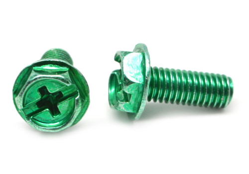 #10-32 x 3/8" (FT) Fine Thread Machine Screw Combo (Phillips/Slotted) Hex Washer Head Low Carbon Steel Green Zinc Plated