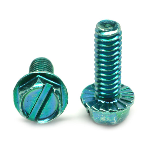 #8-32 x 3/8" (FT) Coarse Thread Machine Screw Slotted Hex Washer Head with Serration Low Carbon Steel Green Zinc Plated