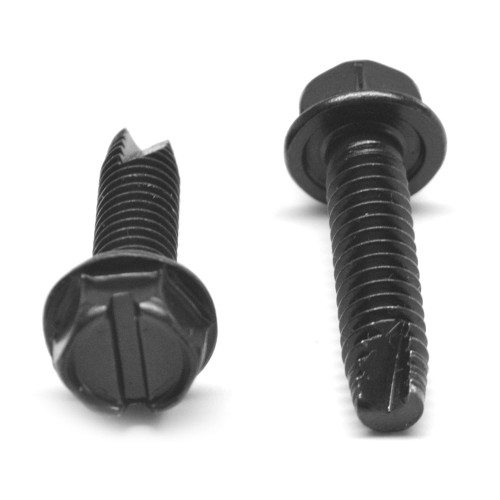 #6-32 x 1" (FT) Coarse Thread Thread Cutting Screw Slotted Hex Washer Head Type 23 Low Carbon Steel Black Oxide