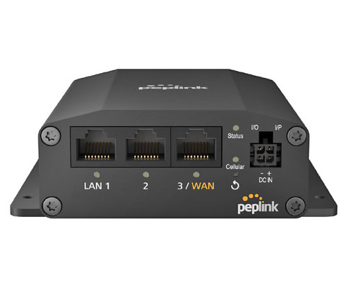 Peplink MAX BR1 Mini router front view with LAN, WAN, and power ports.