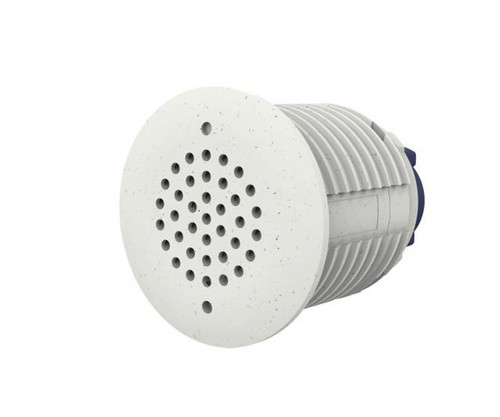 Mx-F-AUDA circular microphone/speaker unit with a perforated white front face.