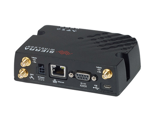 Sierra Wireless AirLink RX55 cellular gateway featuring rear ports, connectors, and status icons.