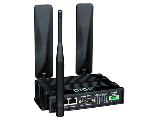 A Digi IX20 4G LTE router with antennas, Ethernet ports, serial and power connectors.