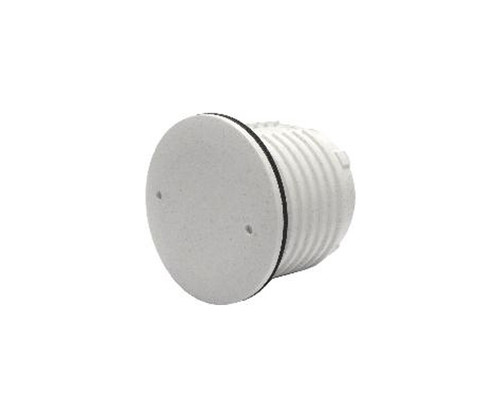 A round, white, threaded blind blank module with two small indentation holes.
