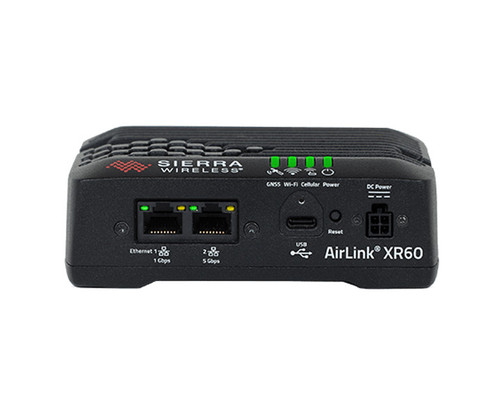 Front view of a black Sierra Wireless AirLink XR60 cellular router with connection ports.