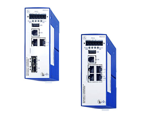Two Hirschmann RED25 industrial switches with various Ethernet and fiber-optic ports.
