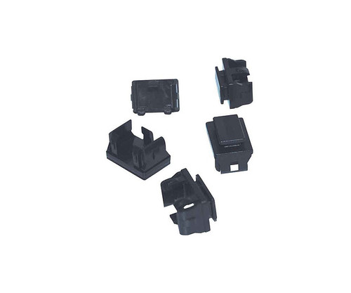 Five black plastic RJ45 port dust covers shown from various angles.
