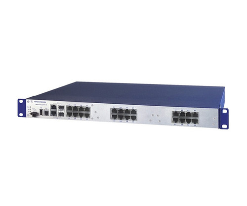MACH104-20TX-F-4POE switch featuring multiple Ethernet ports and status indicator lights.