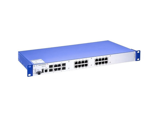 MACH104-16TX-PoEP-L3P Ethernet switch with numerous ports and rack-mount ears.