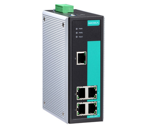 A Moxa EDS-305 industrial Ethernet switch with five RJ45 ports.