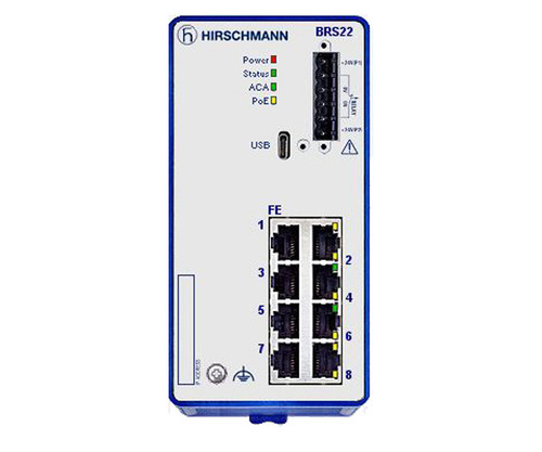 Hirschmann BRS22 industrial Ethernet switch with eight front-facing FE ports and diagnostic LEDs.