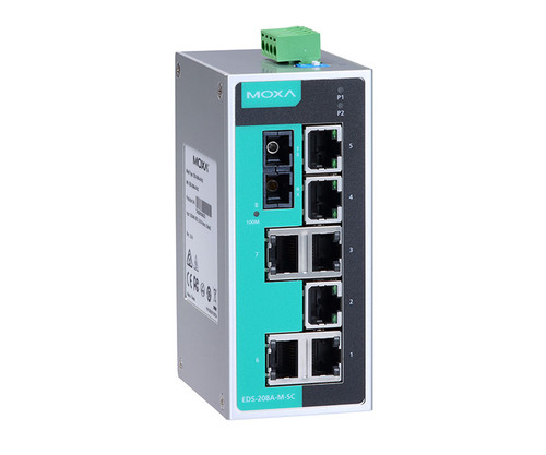 Moxa EDS-208A-M-SC industrial Ethernet switch with eight ports and status LEDs.