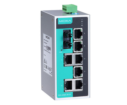 MOXA EDS-208A-M-ST industrial Ethernet switch with ports and status indicators.