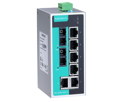 Moxa EDS-208A-MM-SC industrial Ethernet switch with eight ports and status LEDs.