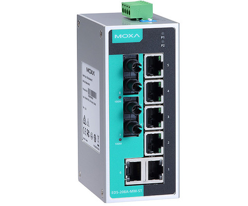 Moxa EDS-208A-MM-ST industrial Ethernet switch with eight ports, including two fiber-optic connectors.