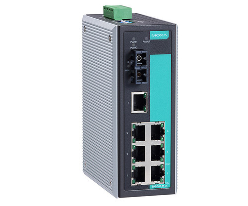 Moxa EDS-308-M-SC industrial Ethernet switch with ports and status indicator lights.