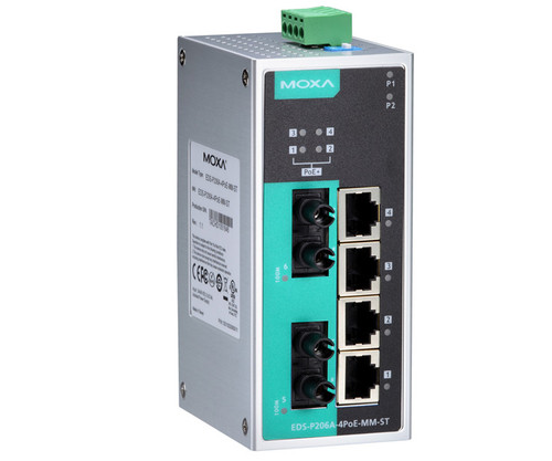 Moxa EDS-P206A-4PoE-MM-ST industrial Ethernet switch with ports, fiber connectors, and status LEDs.