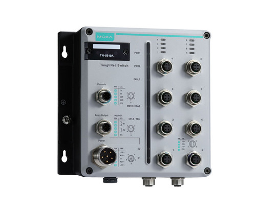 Industrial TN-5510A ToughNet switch with multiple M12 ports and status indicator LEDs.