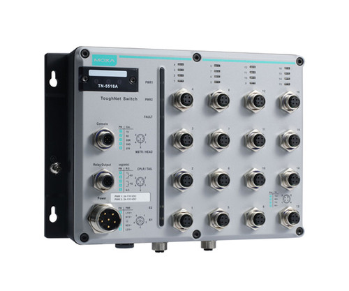 Moxa TN-5518A ToughNet Switch featuring numerous circular port connectors and status indicator labels.