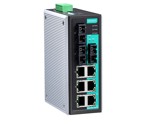Moxa EDS-309-3M-SC industrial switch with eight Ethernet and fiber optic ports.