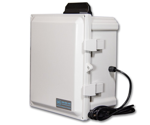 A white, rugged RCB cellular box enclosure with a black power cord and branding.