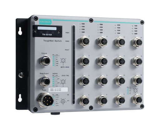 Moxa TN-5516A ToughNet switch featuring 16 M12 Ethernet ports and various interface connectors.