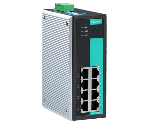 Moxa EDS-G308 industrial ethernet switch with eight ports, LED indicators, and terminal block.