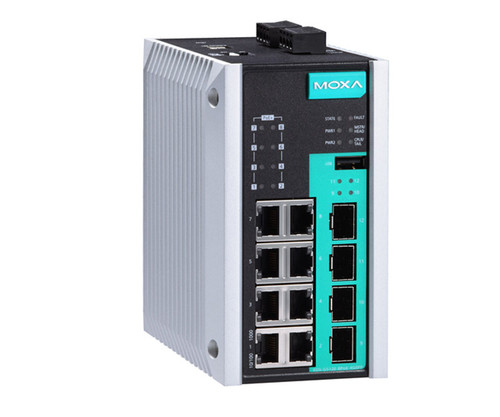 MOXA EDS-G512E Series industrial network switch with Ethernet ports and LED indicators.