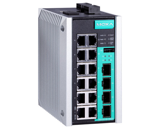 Moxa EDS-G516E series industrial Ethernet switch with multiple ports and status LEDs.