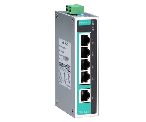 Moxa EDS-205A industrial Ethernet switch with five RJ45 ports and top power terminal block.
