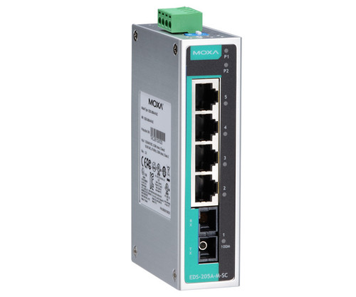 Moxa EDS-205A-M-SC industrial switch with five ports and terminal block.
