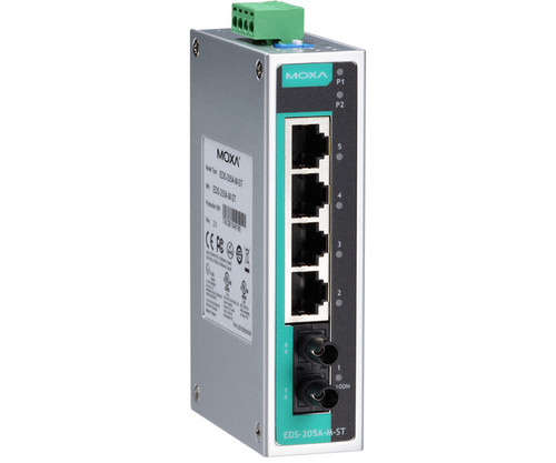 Moxa EDS-205A-M-ST industrial Ethernet switch with five ports and status LEDs.