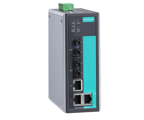 Moxa EDS-405A Series industrial Ethernet switch with five communication ports and status indicators.