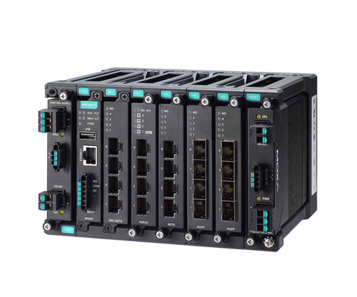 MDS-G4000 series modular industrial Ethernet switch with multiple interface modules and ports.