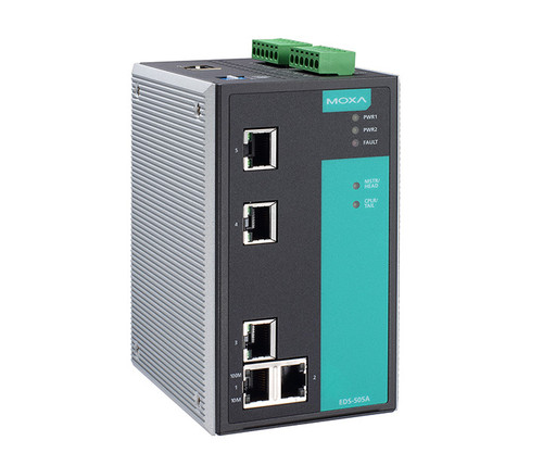 Moxa EDS-505A industrial Ethernet switch with five ports and status indicator LEDs.