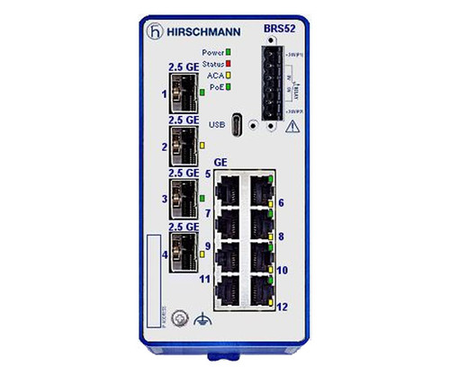 Hirschmann BRS52 industrial network switch with 12 Ethernet ports and status indicator LEDs.
