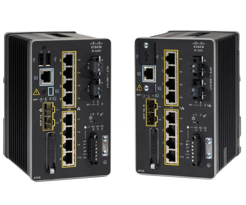 Two Cisco IE-3200 Series Switches side-by-side, showcasing their ports, connectors, and branding.