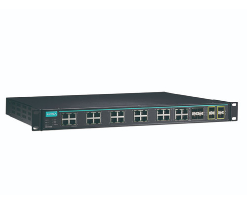 An IKS-G6824A series industrial network switch with multiple Ethernet and fiber optic ports.