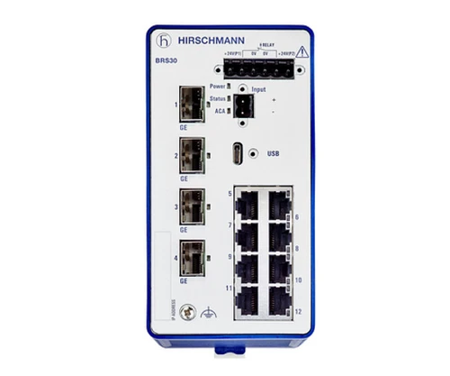 Hirschmann BRS30 switch featuring front-facing ports, status LEDs, and power connectivity terminals.