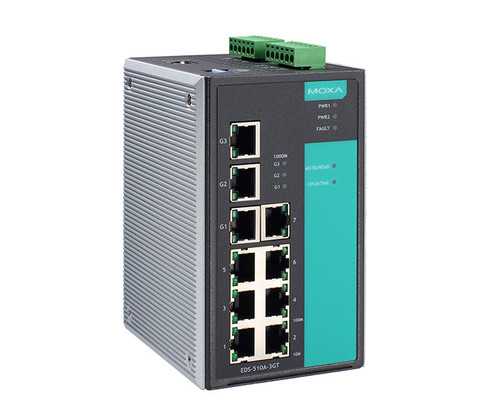 Moxa EDS-510A-3GT industrial Ethernet switch with multiple network ports and status LEDs.