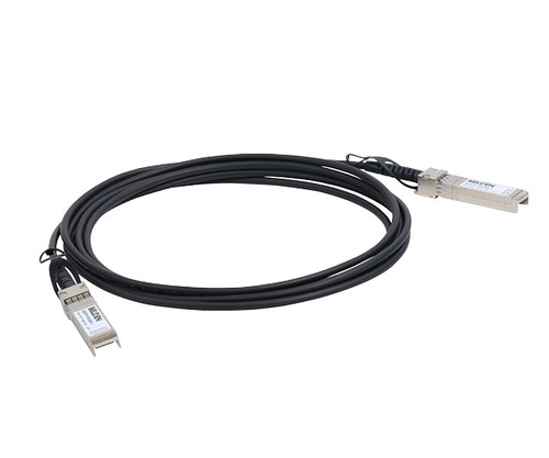 A black 10 Gigabit DAC cable with metallic connectors labeled Belden.