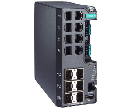 Moxa EDS-4014-4GS-2QGS industrial Ethernet switch with multiple copper and fiber optic ports.