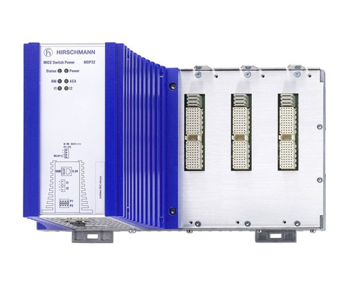 Hirschmann MSP32 modular switch with three expansion slots and status LED panel.