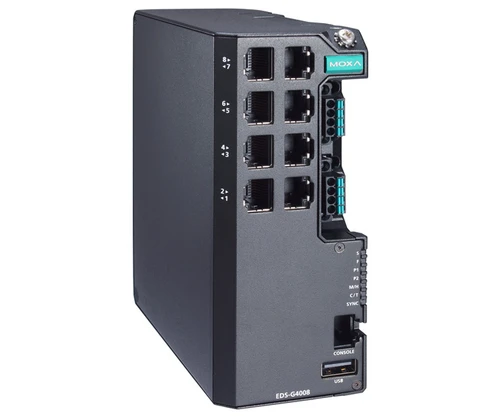 EDS-G4008 series industrial network switch with eight Ethernet ports, console, and USB ports.