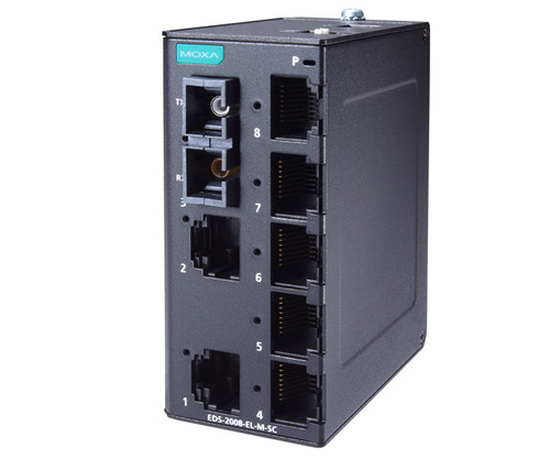Moxa EDS-2008-EL-M-SC industrial switch featuring Ethernet and fiber optic ports.