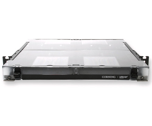 Corning LANscape rack-mount fiber optic patch panel housing with a clear, hinged cover.