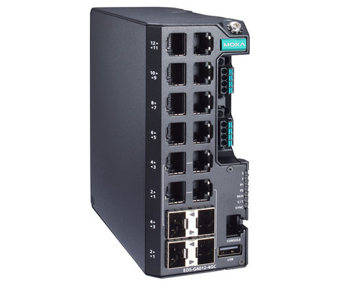 Moxa EDS-G4012-4GC industrial Ethernet switch with ports, console, and status indicators.